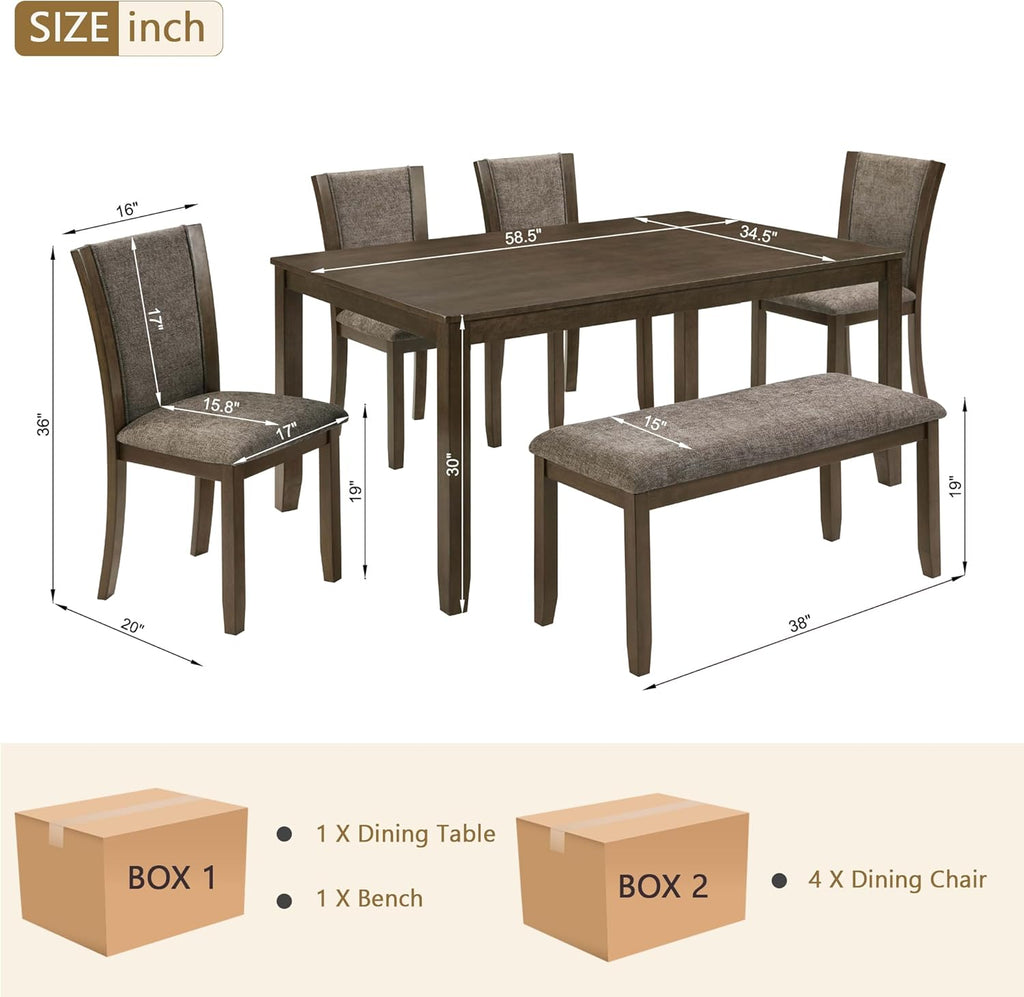 JIJIWANG 6-Piece Dining Table Set with Bench and Chairs, Wooden Dining Table for 6 People, Farmhouse Rustic Style 6 Person Dining Table Set for Dining Room Kitchen Dark Walnut