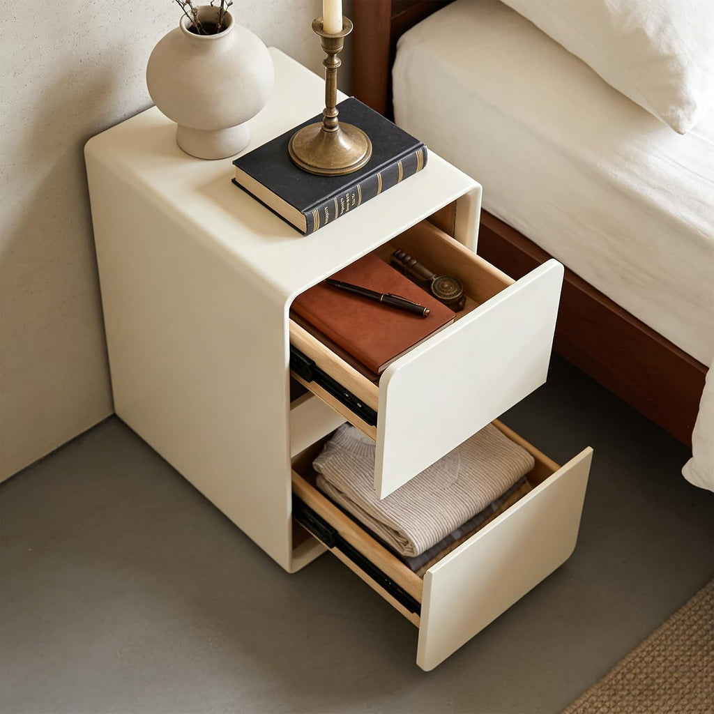 Modern Bedside Table, Minimalist Nightstand Small Narrow Side Table with 2 Drawers for Bedroom Living Room Small Space White