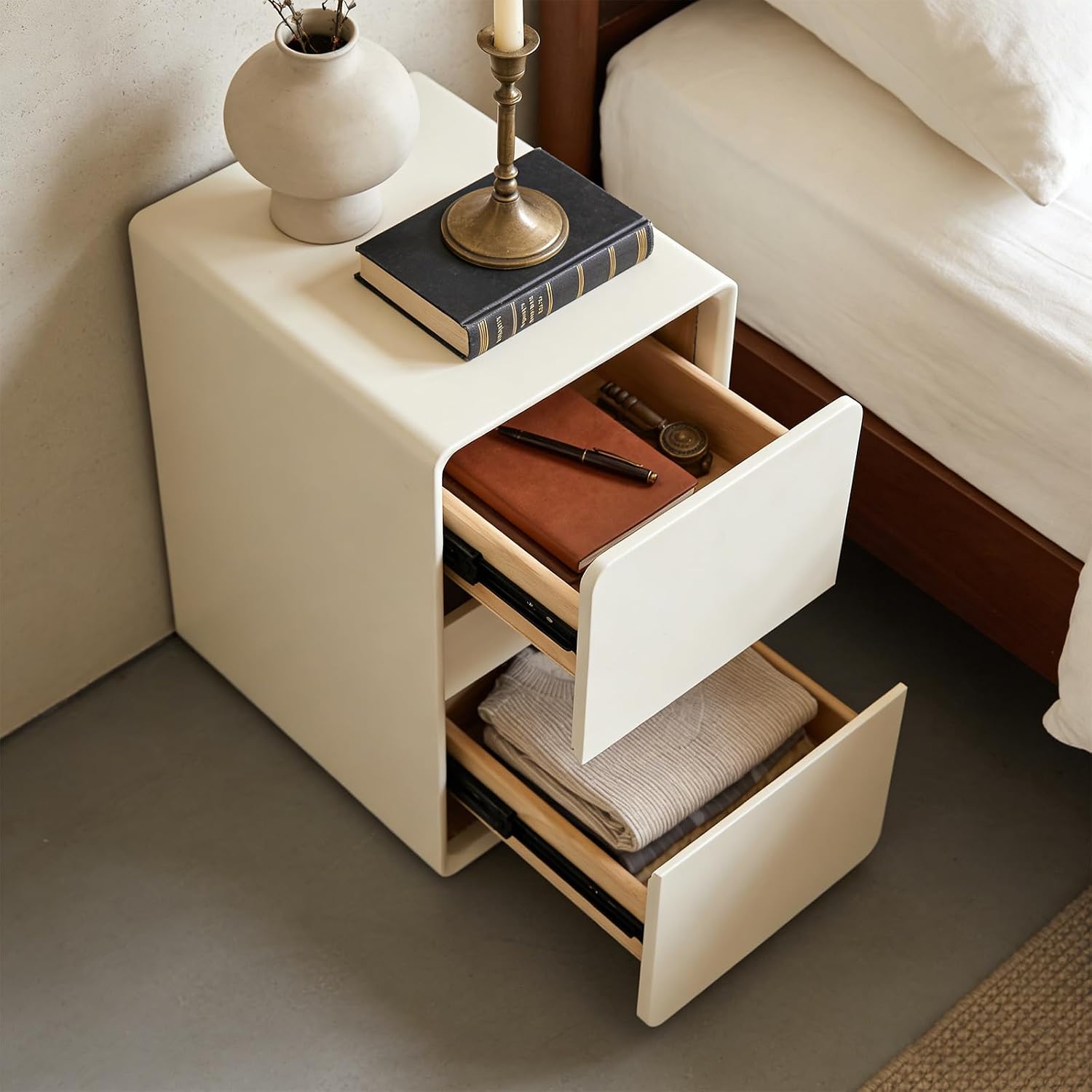 Modern Bedside Table, Minimalist Nightstand Small Narrow Side Table with 2 Drawers for Bedroom Living Room Small Space White