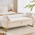 66" End of Bed Storage Bench King Size, Storage Benches for Bedroom, Beige | Velvet Foot of Bed Bech, Upholstered Storage Ottoman Benches with Golden Legs, Pillows and Side Pockets for Window, Entryway