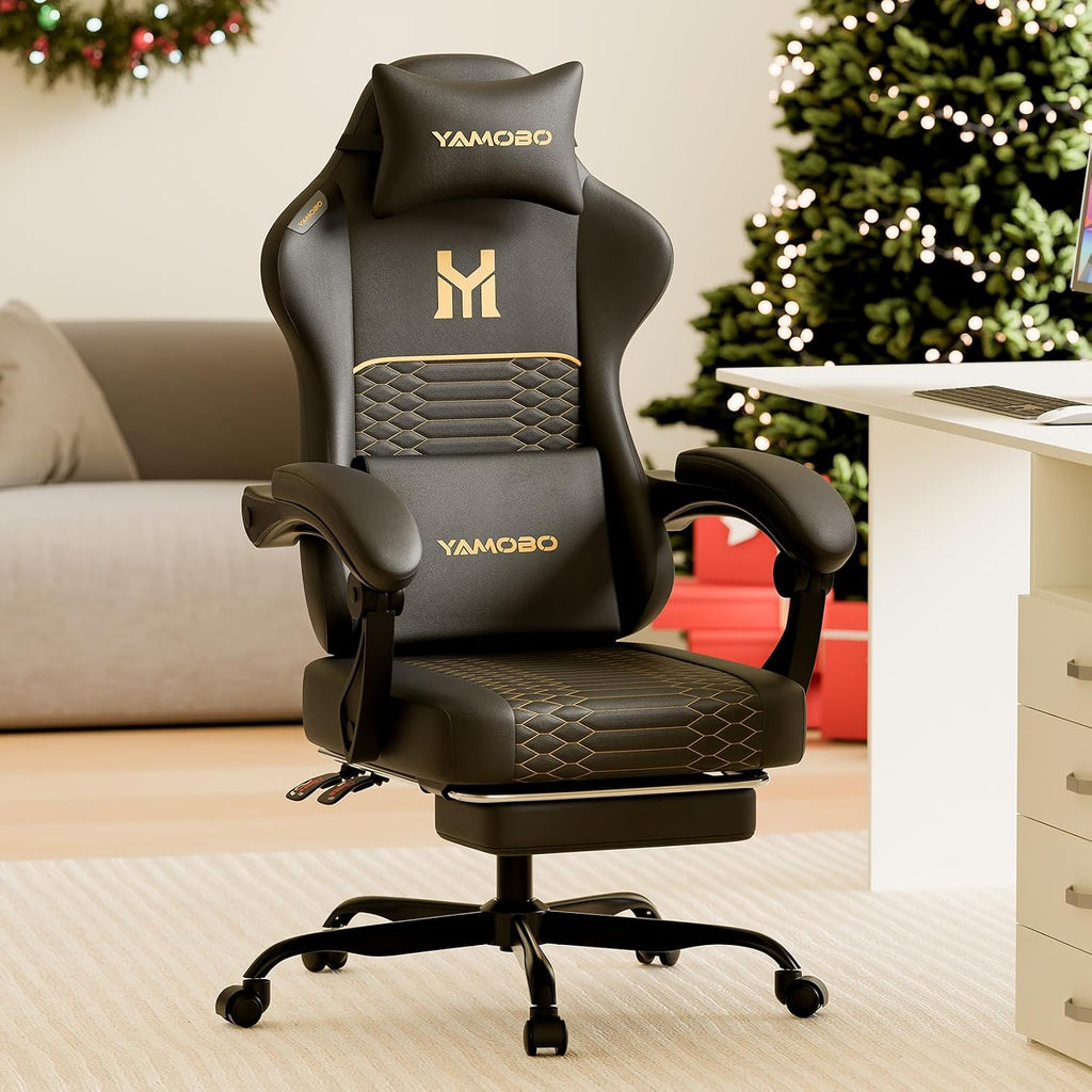 Gaming Chair with Footrest, Ergonomic Video Game Chair with Adjustable Lumbar and Headrest Massage Support,PU Leather High Back Recliner Comfortable for Office, Game and Study, Black