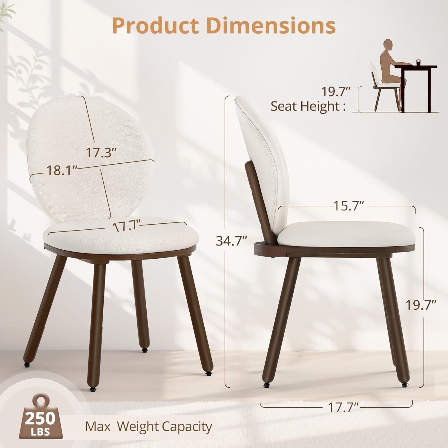 LUE BONA Dining Chairs Set of 4, Upholstered Fabric Kitchen Chairs with Dual-Spine Backrest, Kitchen Chair with Solid Wood Legs and Ergonomic Curved Seat, Easy Assembly for Kitchen Dining Room, White