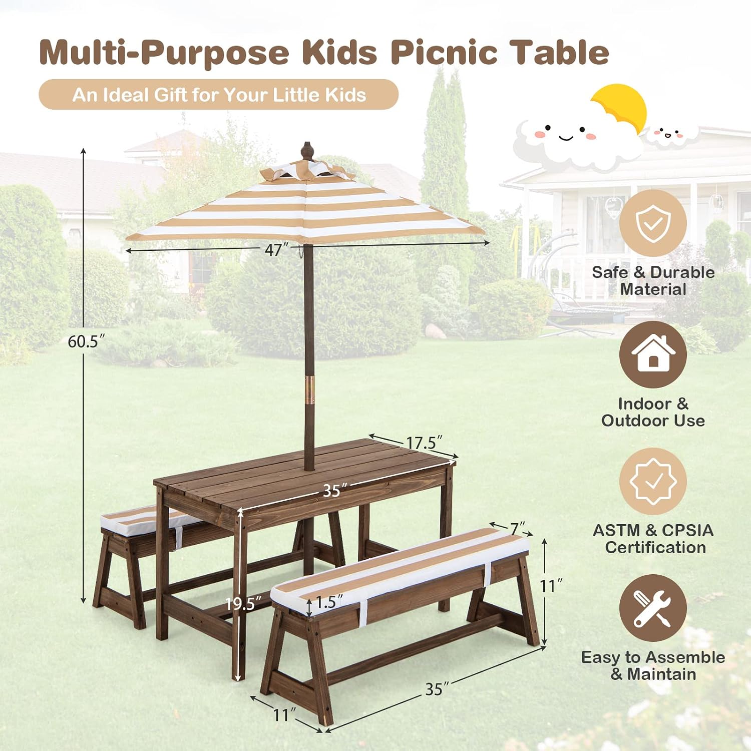 Kids Picnic Table Set with Benches and Umbrella, Foldable Wooden Table and Chair Set for Indoor and Outdoor Use, Playroom Furniture for Toddlers, Children, Baby (Brown)