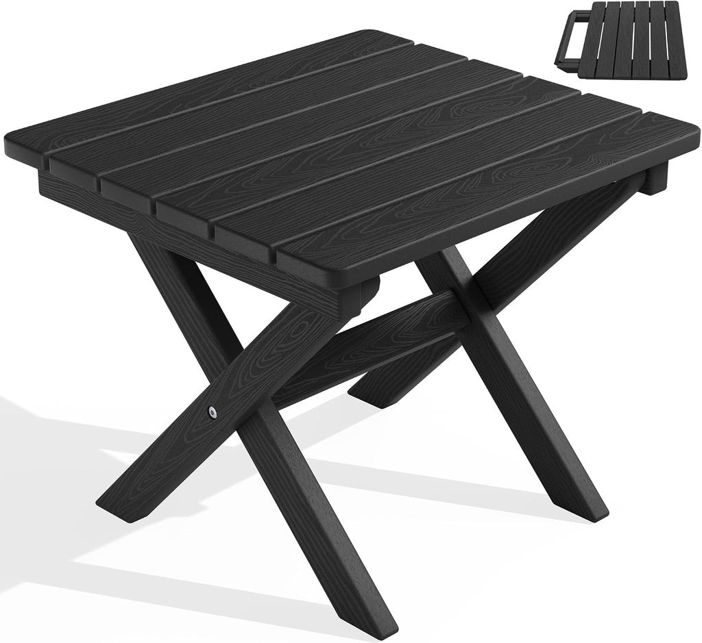 SERWALL Small Folding Side Table, HDPE Outdoor End Table, Black