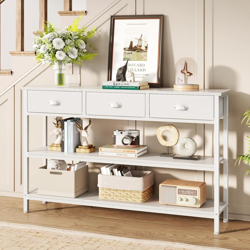 47" console table Set of 2 with 3 Drawers, Sofa Table for Behind Couch | Industrial Hallway Table with Open Wooden Shelves for Hallway, Entry Way, Living Room, Kitchen, Foyer, White