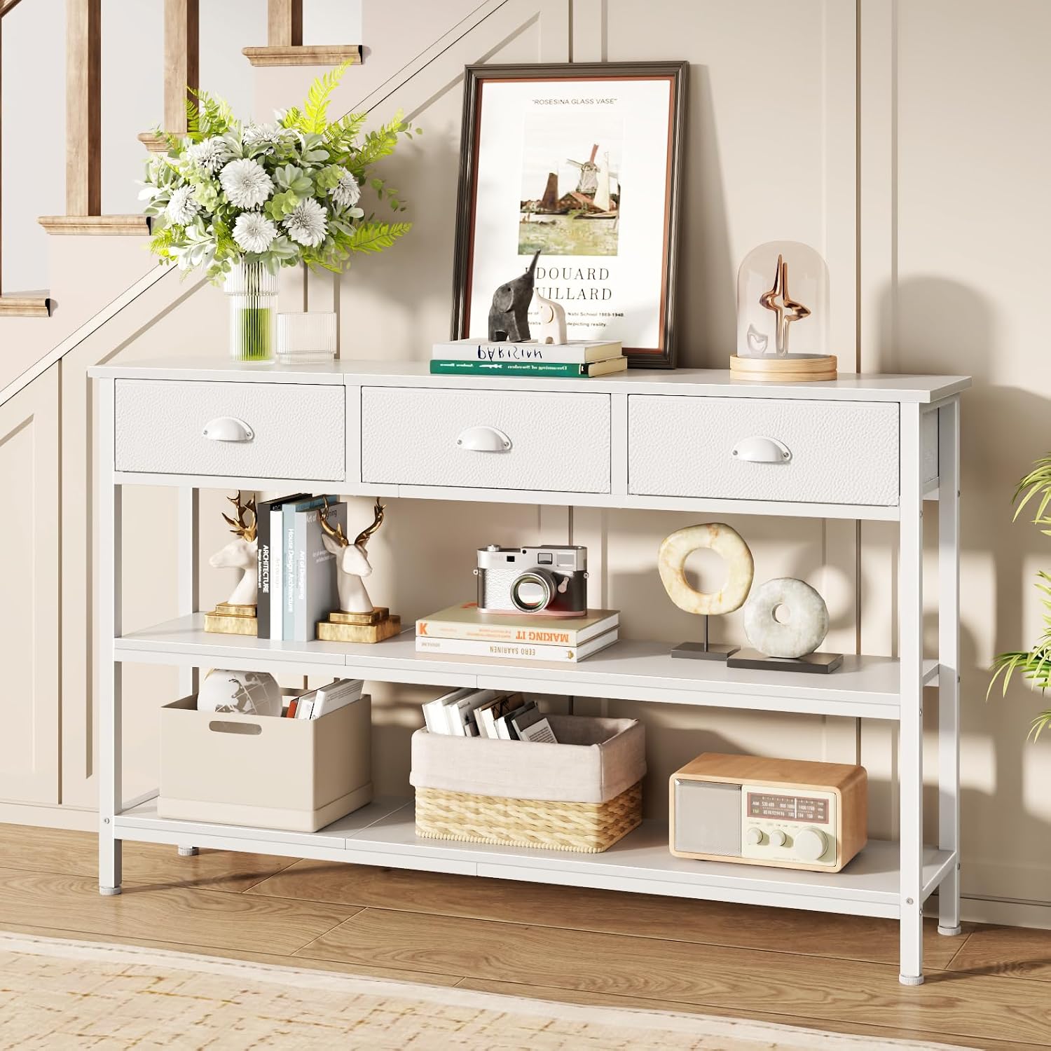47" console table Set of 2 with 3 Drawers, Sofa Table for Behind Couch | Industrial Hallway Table with Open Wooden Shelves for Hallway, Entry Way, Living Room, Kitchen, Foyer, White