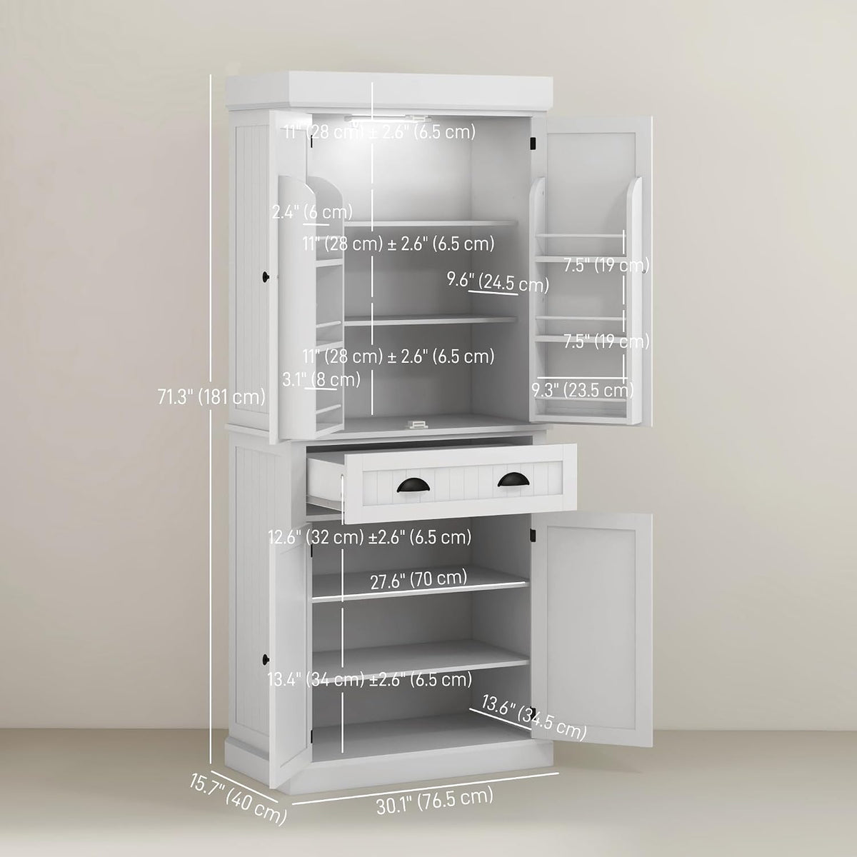 HOMCOM 71" Kitchen Pantry Cabinet LED Motion Sensor Light Drawer White | Tall Storage Cabinet, 6 Door Shelves, Adjustable Shelves, Living & Dining Room