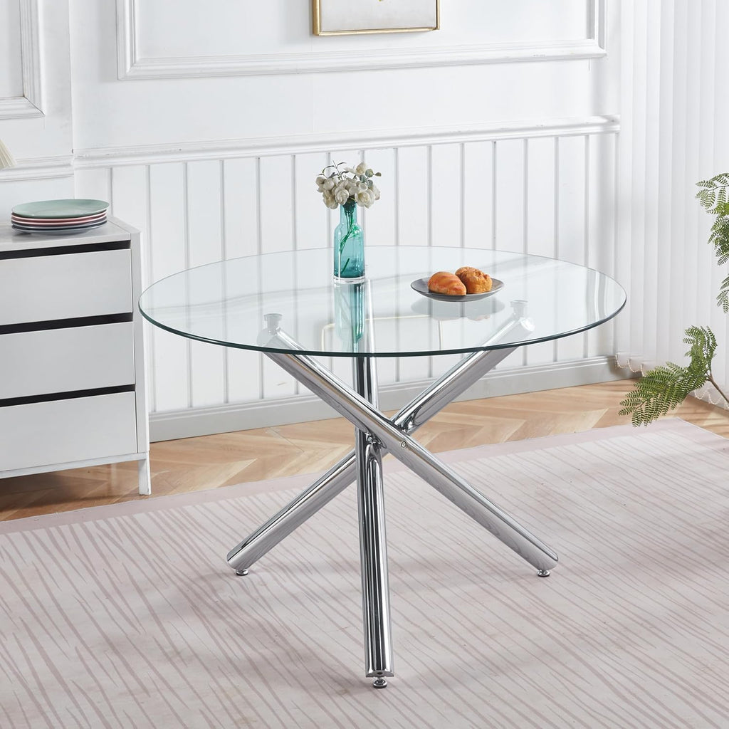 Modern Dining Room Table for 4 People, 36" Round Dining Table with Silver Chrome Metal X-Base, Circle Tempered Glass Dining Room Tables, Small Dining Table Kitchen Tables Dinner Tables