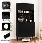 LOKO 64.5” Tall Kitchen Pantry Cabinet, Buffet Sideboard with Charging Station, Modern Wine Bar Cabinet with Wine Glass Rack, Kitchen Hutch Cupboard for Dining Room, Living Room (Black)