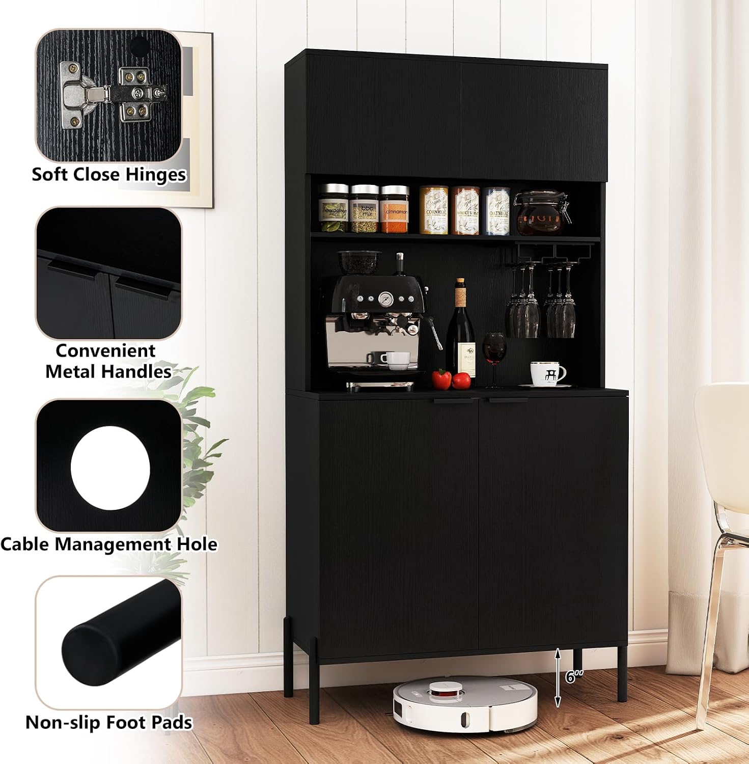 LOKO 64.5” Tall Kitchen Pantry Cabinet, Buffet Sideboard with Charging Station, Modern Wine Bar Cabinet with Wine Glass Rack, Kitchen Hutch Cupboard for Dining Room, Living Room (Black)