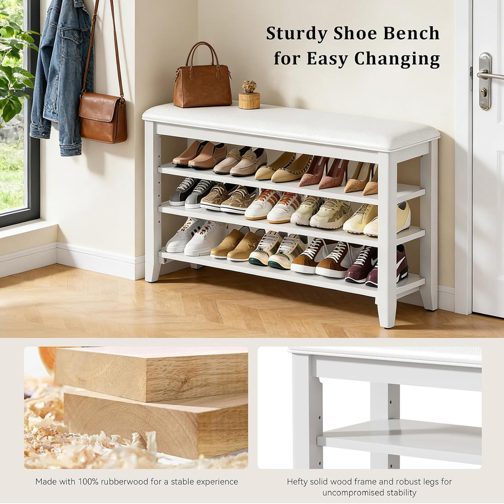 Shoe Rack Bench Entryway Storage with Leather Cushion, Shoe Organizer Bench for Entryway, Ideal for Front Doors Entrances Hallway Mudroom Featuring Rubberwood And 3 Height-Adjustable Removable Shelve