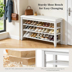 Shoe Rack Bench Entryway Storage with Leather Cushion, Shoe Organizer Bench for Entryway, Ideal for Front Doors Entrances Hallway Mudroom Featuring Rubberwood And 3 Height-Adjustable Removable Shelve