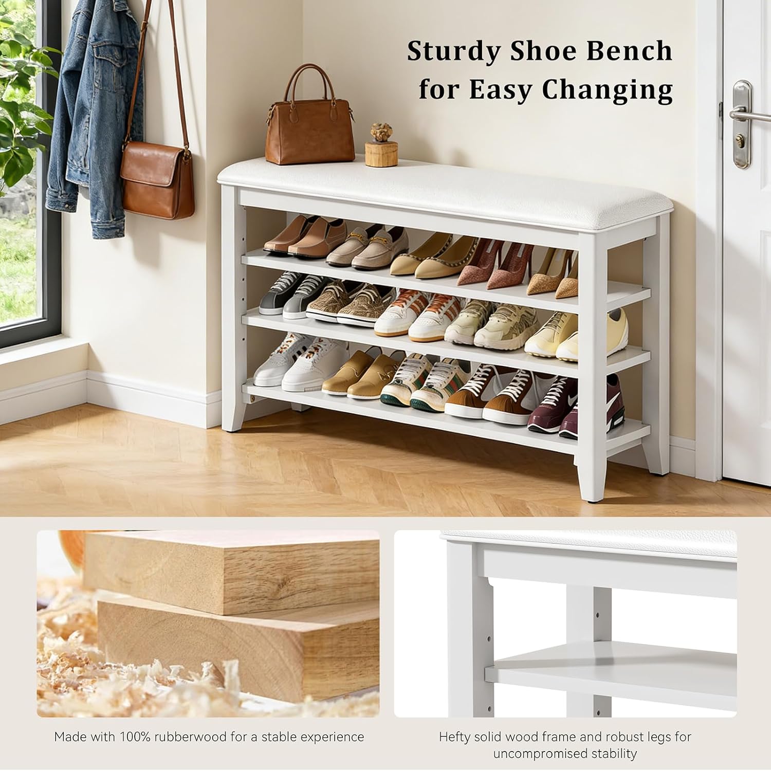 Shoe Rack Bench Entryway Storage with Leather Cushion, Shoe Organizer Bench for Entryway, Ideal for Front Doors Entrances Hallway Mudroom Featuring Rubberwood And 3 Height-Adjustable Removable Shelve