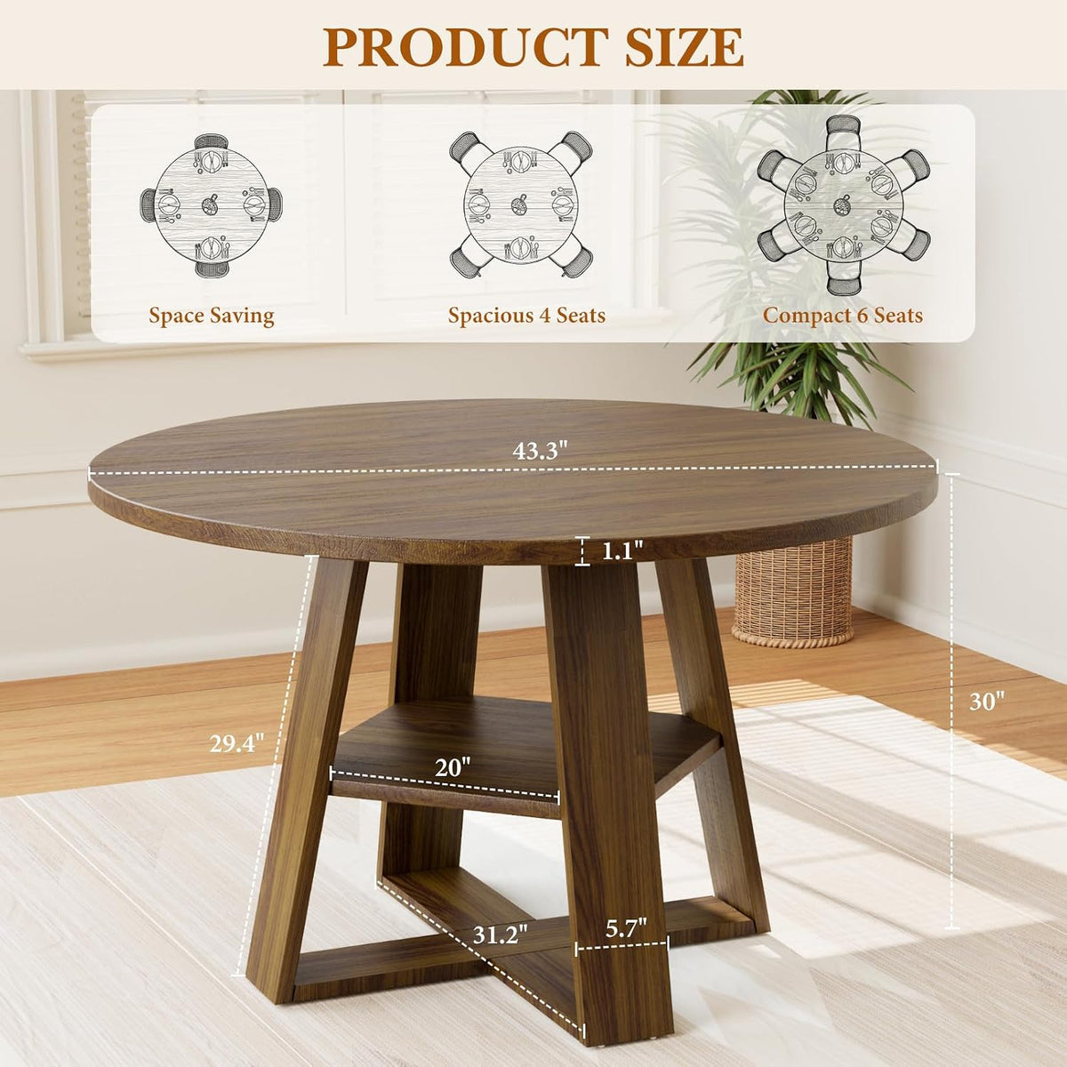 Sannwsg 43 Inch Round Dining Table for 4, Circle Kitchen Tables with Wooden Pedestal Base, Round Kitchen Table for Dining Room, Kitchens, Living Room