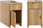 Fluted Narrow End Table with Charging Station, Boho Side Table with Drawer Storage, Small Night Stand with Power Outlets and USB Ports, Sofa Side Table for Living Room, Natural