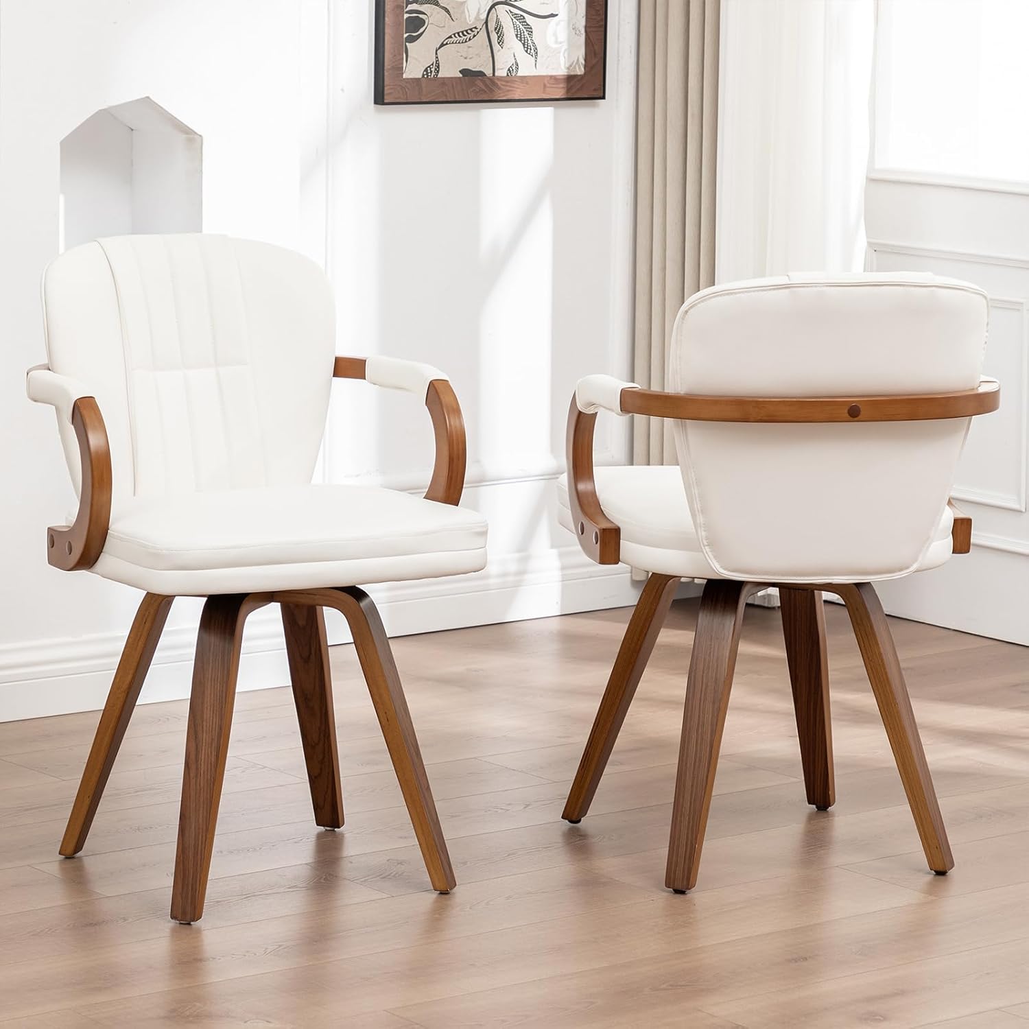 Swivel Dining Chairs Set of 4 Mid Century Modern White Faux Leather Upholstered Kitchen Chairs with Bentwood Frame Armrests Side Chairs,Comfortable Ergonomic Wood Accent Chair No Wheels