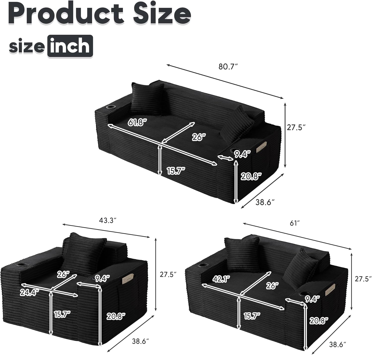 Sectional Sofa 3 Piece Set with Cup Holders & Side Pockets, Modern Corduroy Fabric Deep Seat Cloud Couch Living Room, Office, No Assembly (Black)