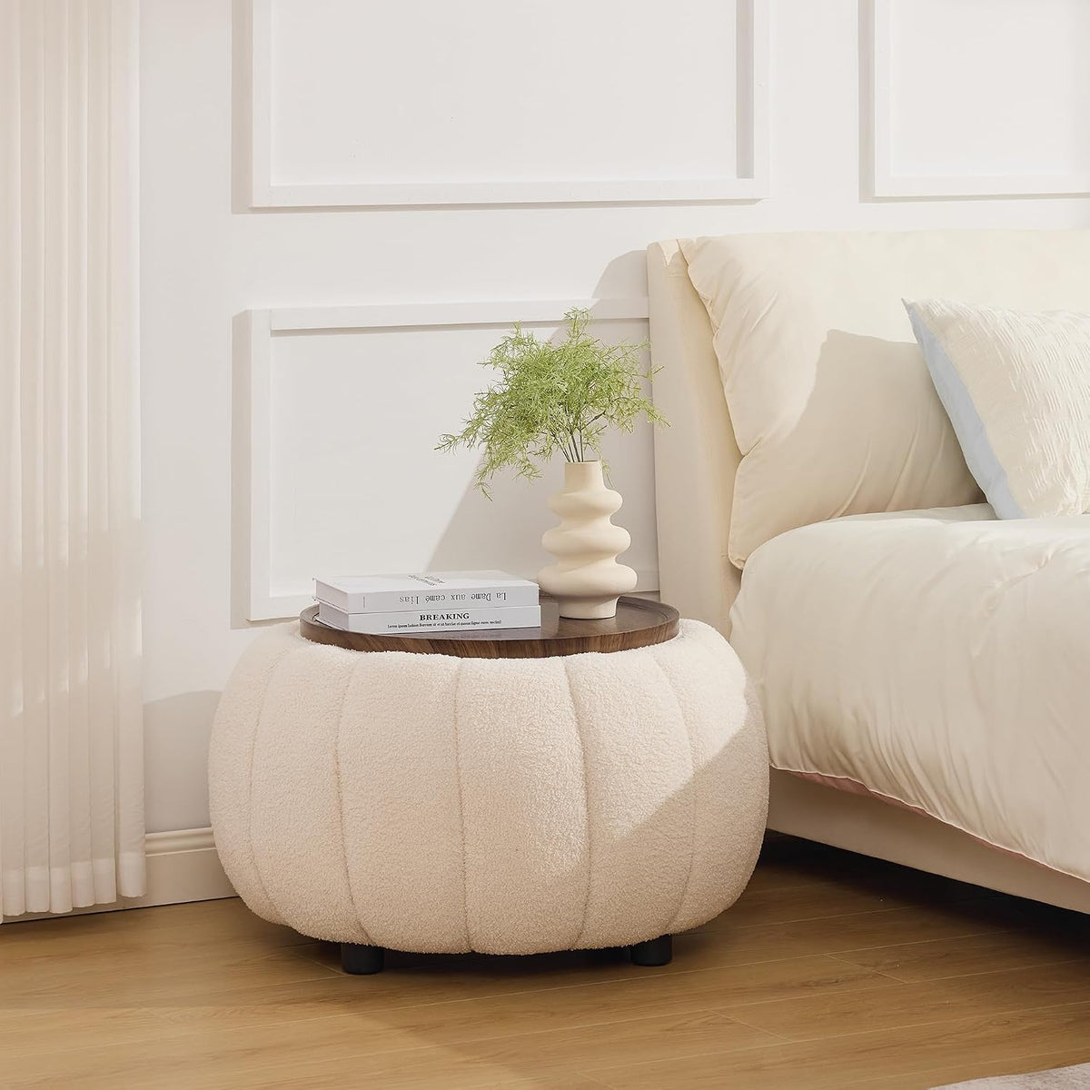 30 Inch Round Storage Ottoman Coffee Table for Living Room, Bedroom | Teddy Fabric , Anti-Slip Lid, ottoman foot rest, Pumpkin Shape