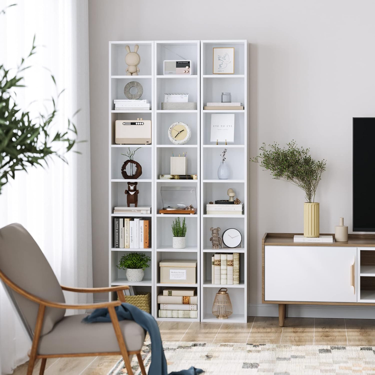 FOTOSOK White Bookshelf 8-Tier Narrow Bookshelf, 11.6 X 9.3 X 70.9 Tall CD DVD Media Tower Rack with 4 Adjustable Shelves, Tall Narrow Bookcase Slim Display Bookshelf with Cube Storage for Home Office