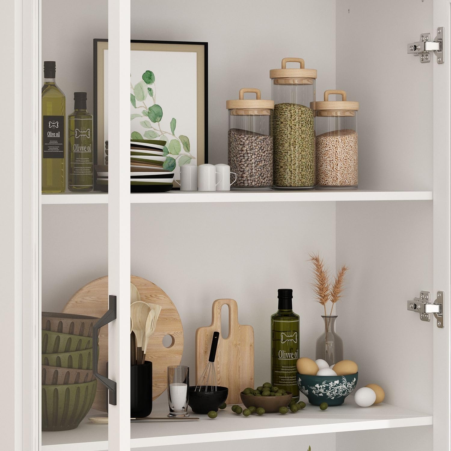 MOUMON Pantry Cabinet Kitchen Storage Cabinet with Glass Doors, Kitchen Pantry with Shelves & Drawer, for Living Room White (31.5”W x 15.7”D x 78.7”H), Small