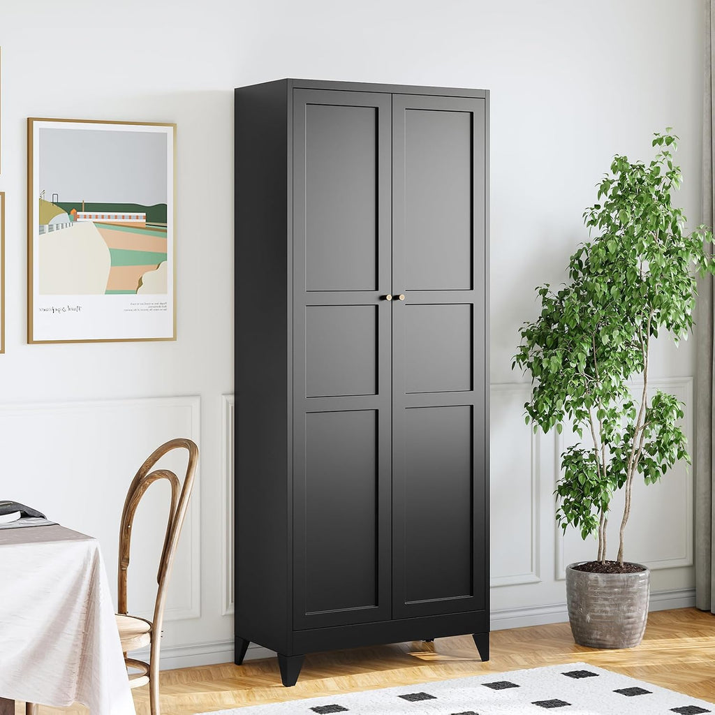 STANI 74.8" H Tall Kitchen Cabinet, Black Metal Pantry Storage Cabinet, 4 Adjustable Shelves, Kitchen Pantry Storage for Dining Room, Living Room, Bathroom 74.8" H x 15.7" D x 31.5" W