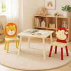 Kids Wood Table and 4 Chairs Set, Cartoon Animal Activity Furniture Ages 3- (3 Piece 1)