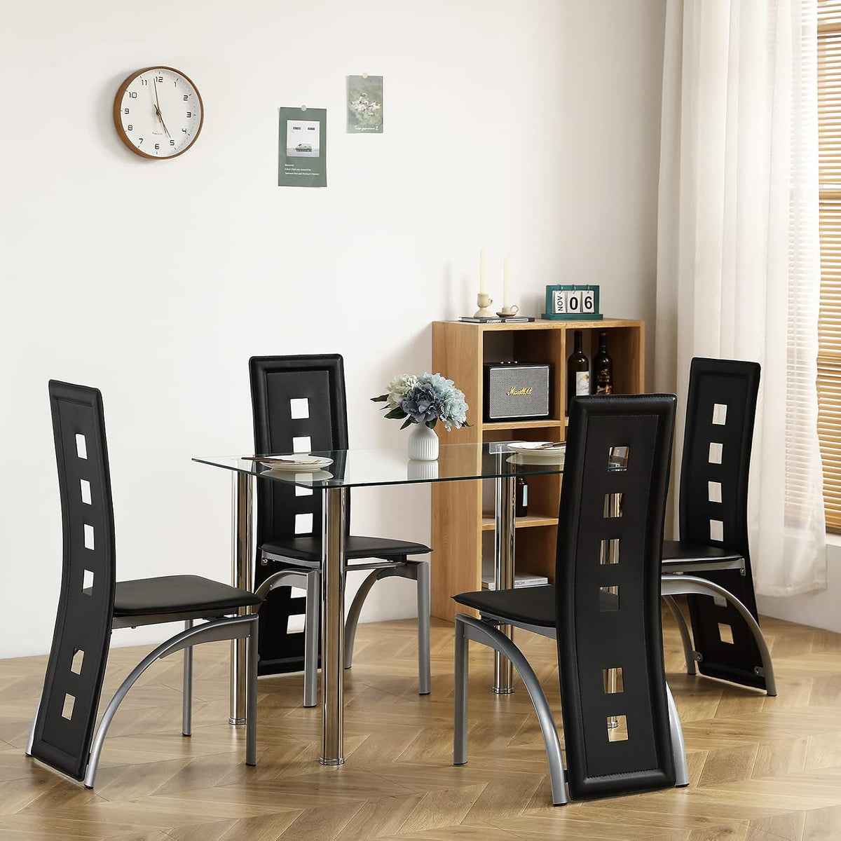 Karl home Glass Dining Table Set for 4, PVC Chairs,Silver Leg,Easy Assembly | Glass tabletop, 4 PVC chairs, space-saving, high back for long seating, for kitchen/breakfast/dining/living room