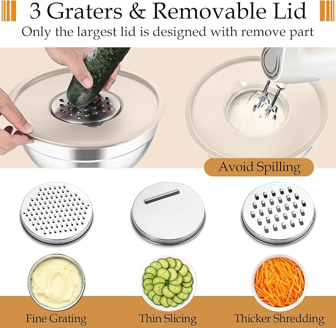 TeamFar Mixing Bowls, Stainless Steel Nesting Salad Bowls with Lids Set of 3 & 3 Grater Attachments, For Mixing/Serving/Storing, Non-toxic & Long-lasting, Size 4.6/3 / 1.5 QT, Khaki