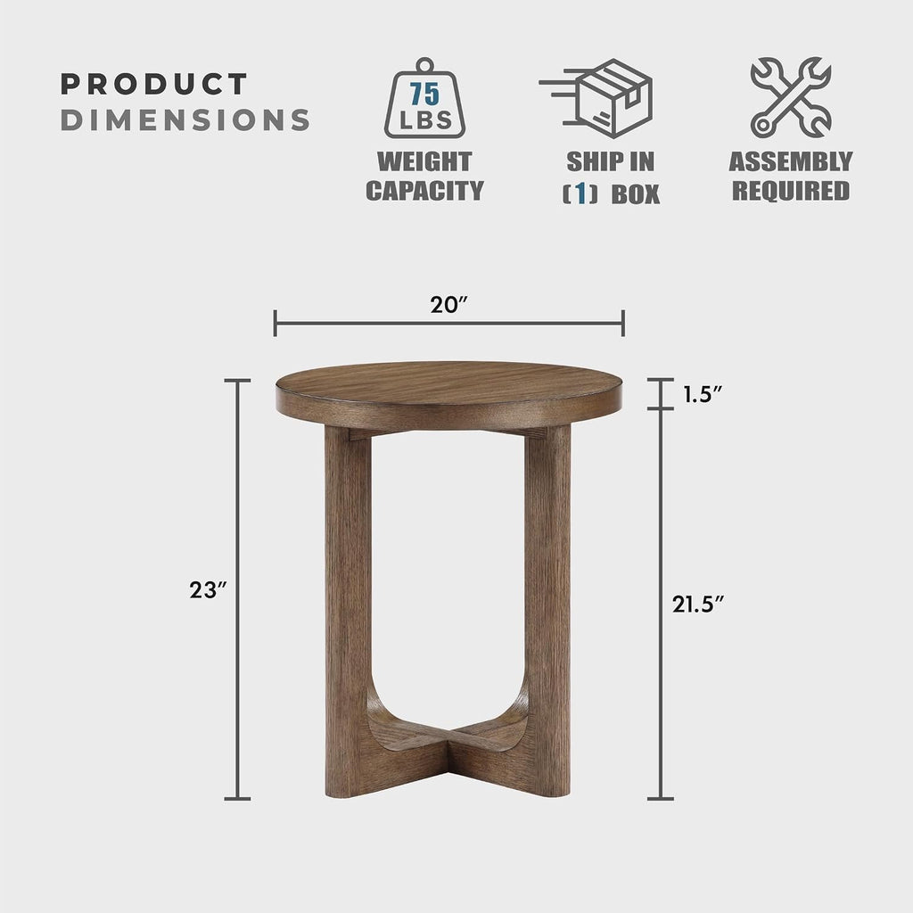 Lexicon Modern Round End Table, 20 Inch Dia. Wood Living Room Side Table, Walnut Veneer, Sturdy Geometric Wood Base, for Living Room/Lounge/Office/Waiting Area, Easy Assembly, Light Brown