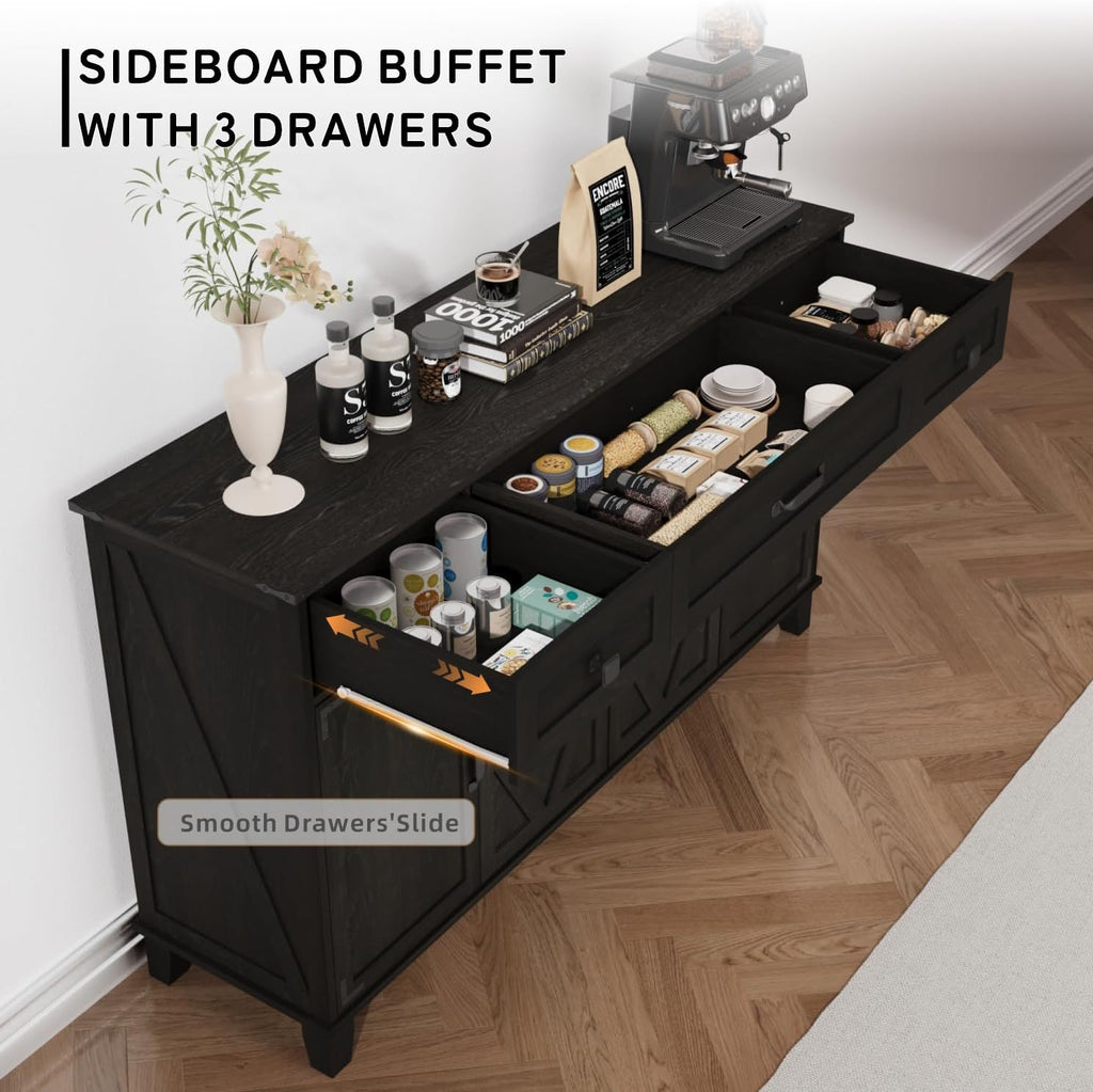Farmhouse Buffet Cabinet with Drawers, 55" Large Sideboard Kitchen Buffet Storage Cabinet with 3 Adjustable Shelves and Doors Heightened Table Wood Coffee Bar for Kitchen Living Room, Black