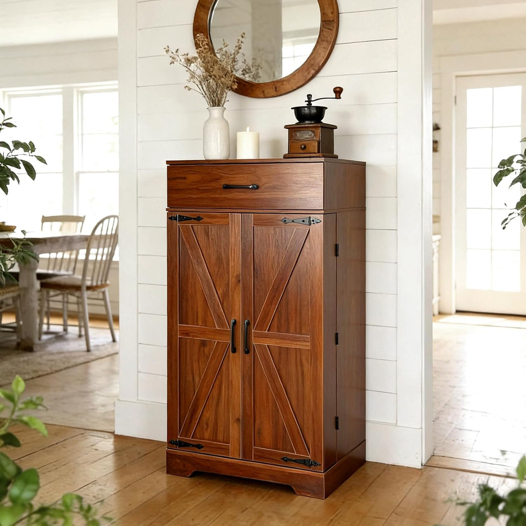CypherX 47" Farmhouse Brown Kitchen Pantry Storage Cabinet for Dining Room | Rustic sideboard buffet cupboard; doors with shelves & smooth drawer; 47" tall pantry; 5-level adjustable storage shelves