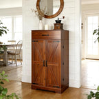 CypherX 47" Farmhouse Brown Kitchen Pantry Storage Cabinet for Dining Room | Rustic sideboard buffet cupboard; doors with shelves & smooth drawer; 47" tall pantry; 5-level adjustable storage shelves