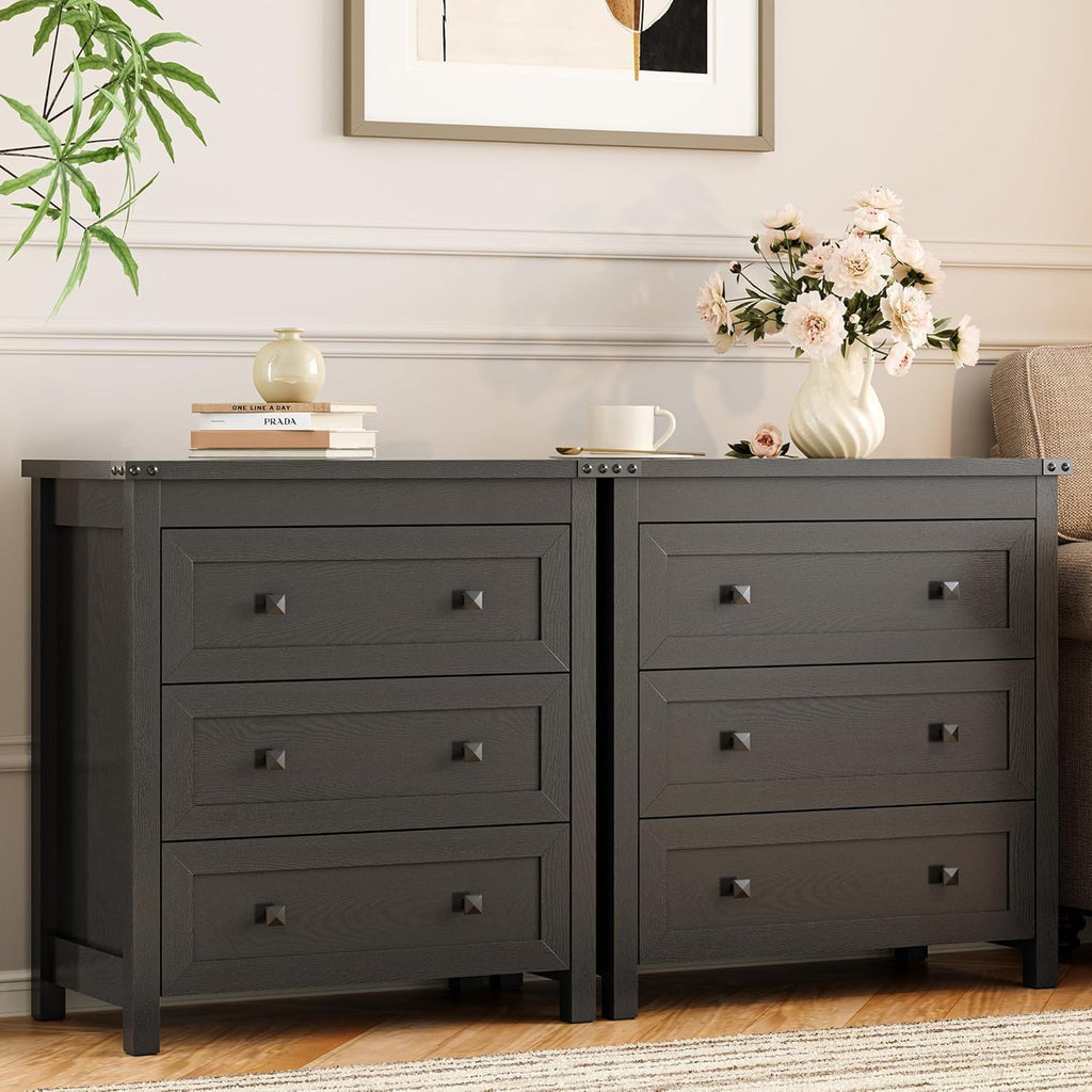 Xixini Farmhouse Nightstand with 3 Storage Drawers, 27.55" Wide Wood Bedside Table, Modern Side Table with Metal Handle, End Table for Bedroom, Black