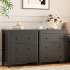 Xixini Farmhouse Nightstand with 3 Storage Drawers, 27.55" Wide Wood Bedside Table, Modern Side Table with Metal Handle, End Table for Bedroom, Black
