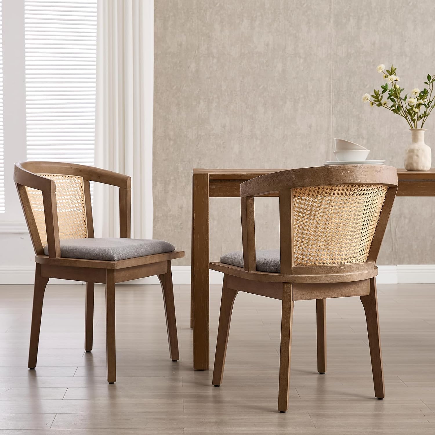 Kmax Modern Rattan Dining Chair Set of 4 Farmhouse Semi Barrel Dining Room Chair Wooden Upholstered Chair Oak Finish for Living Room Kitchen, Walnut/Grey Seat
