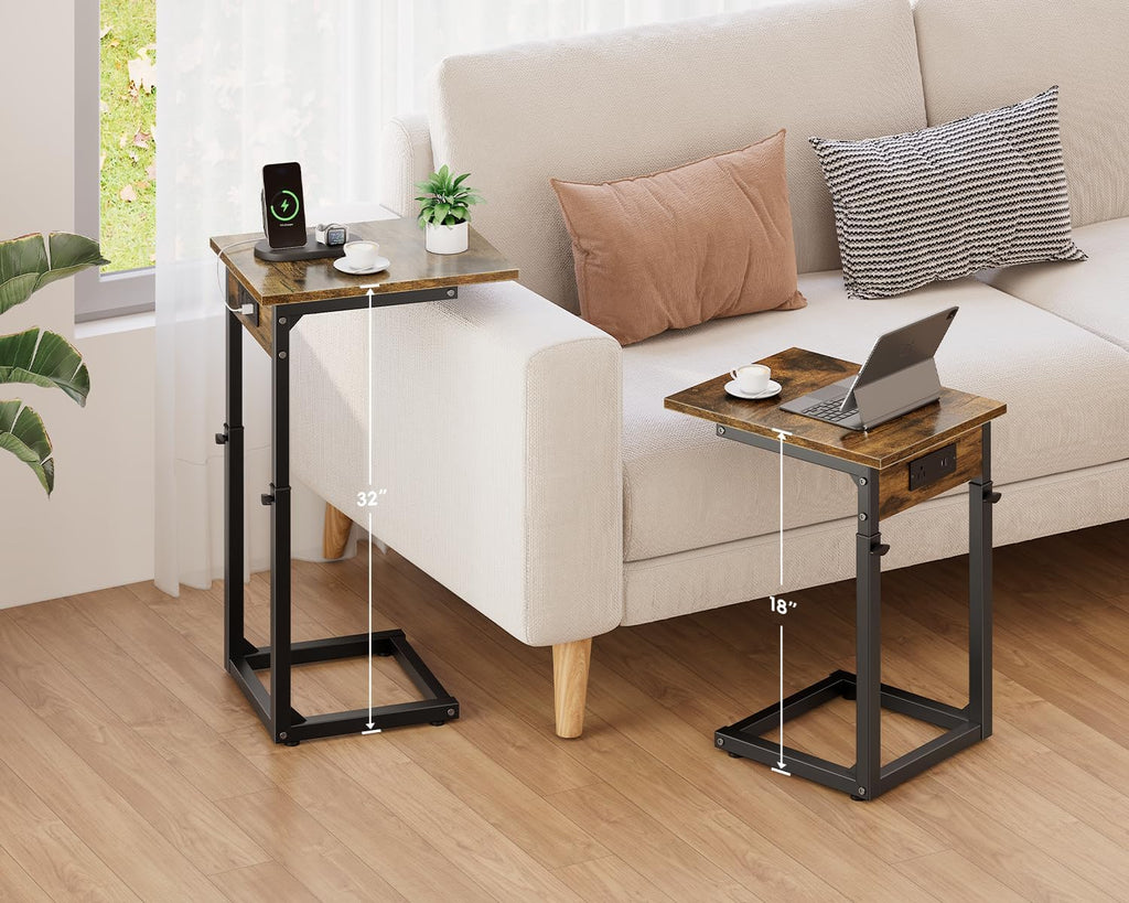 Vagusicc C Shaped End Table with Charging Station, 33"Tall Side Table for Couch, C-Table End Table Adjustable Height Side Table,Slide Under Couch Table TV Tray Table for Sofa,Living Room,Bedroom,Brown