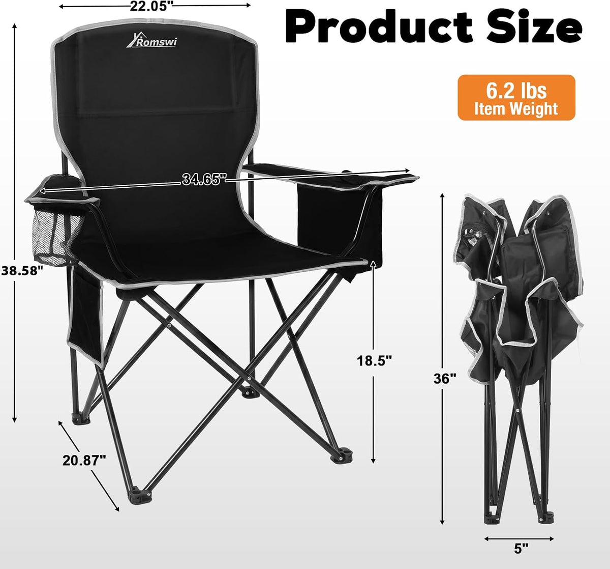 Romswi Lightweight 2Pcs Camping Chairs for Adults, Folding Lawn Chair with 4-Can Cooler Bag, Cup Holder,Collapsible Portable Outdoor Chair for Tailgating, Beach, Fishing,Black