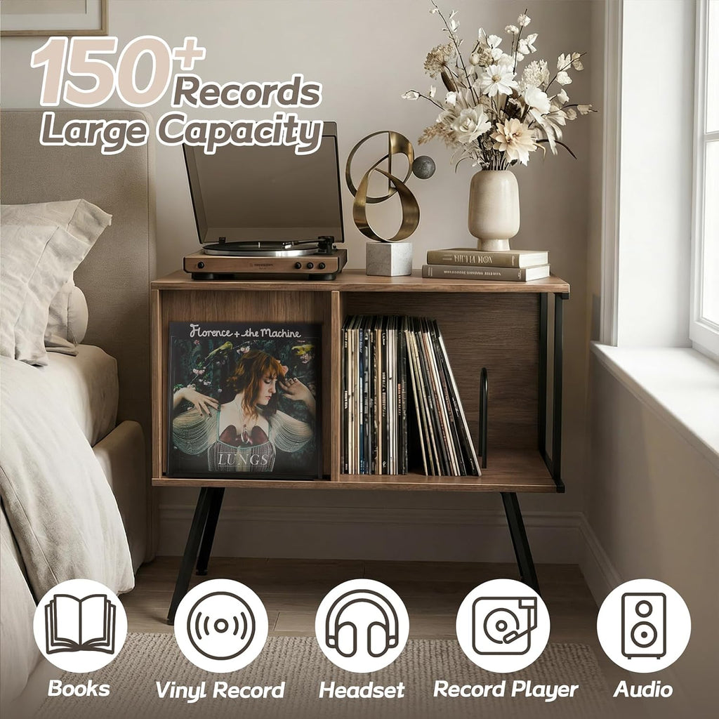 Faesun Record Player Stand with Flip-Down Record Shelf, Walnut | Vinyl Record Storage Holds up to 150+ Albums, Turntable Stand with Album Display, Record Table with Large Open Storage