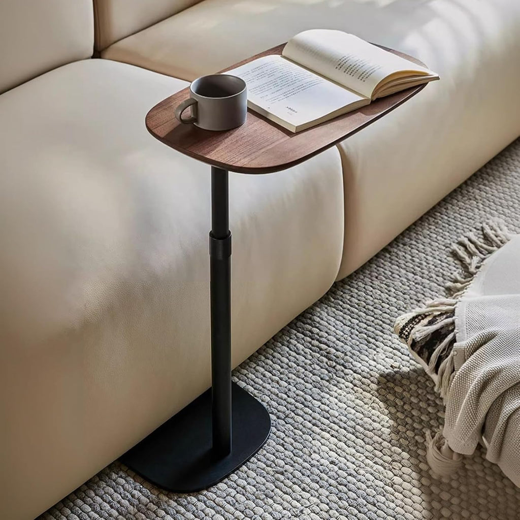 Modern C Shaped Side Table, with Adjustable Height and Swivel Top Sofa Table, Laptop Table for Living Room, Bedroom, Study and Small Spaces, Walnut Wood