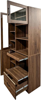 Walnut Kitchen Hutch Cabinet, Farmhouse Buffet Sideboard with Coffee Bar | Slide out tray, clear glass doors, open microwave counter, large bottom drawer, tall pantry cupboard, storage unit