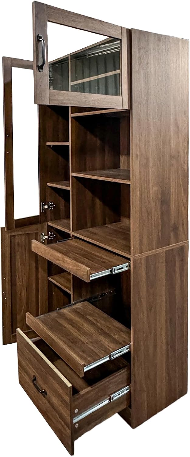 Walnut Kitchen Hutch Cabinet, Farmhouse Buffet Sideboard with Coffee Bar | Slide out tray, clear glass doors, open microwave counter, large bottom drawer, tall pantry cupboard, storage unit