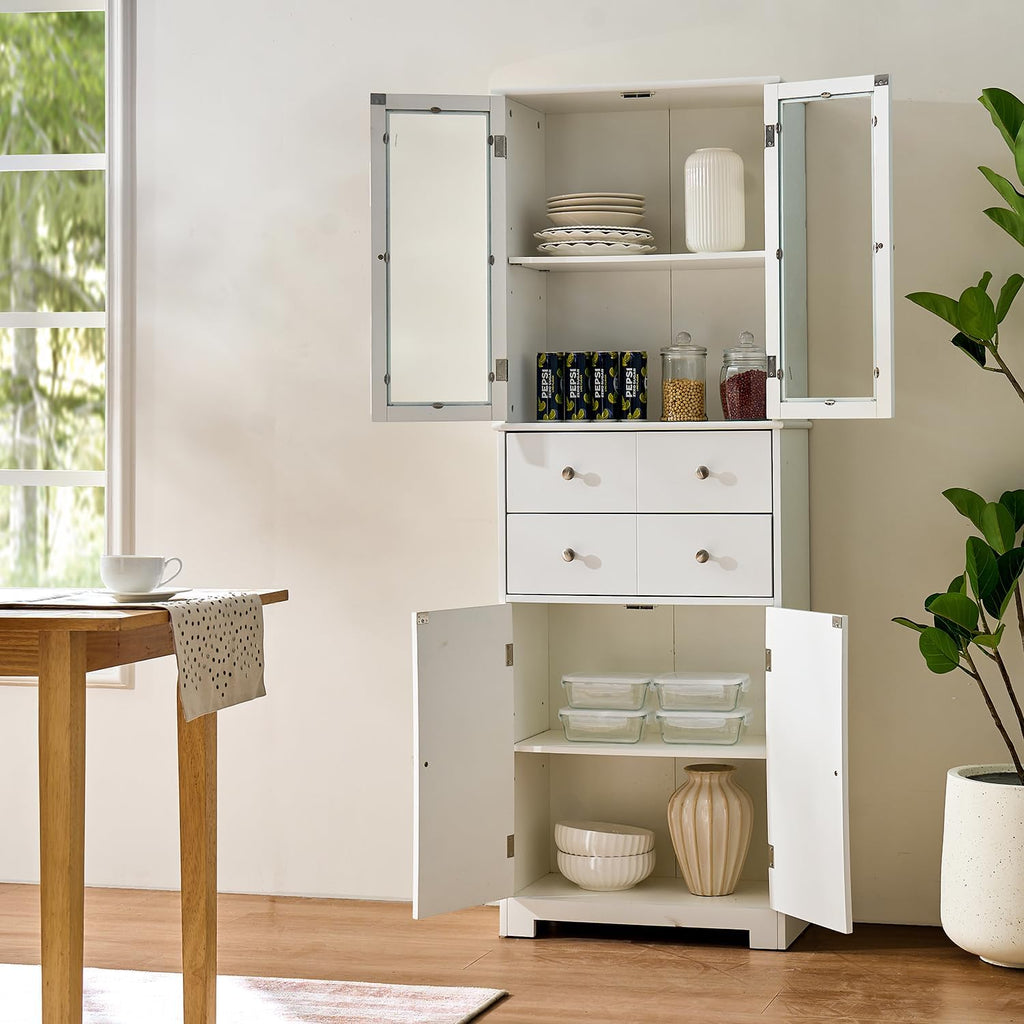 67" Tall Kitchen Pantry Cabinet with Glass Doors and Adjustable Shelves,Freestanding Kitchen Pantry Storage Cabinet with Drawer,Large Food Cupboard for Bathroom,Craft Room,Laundry Room