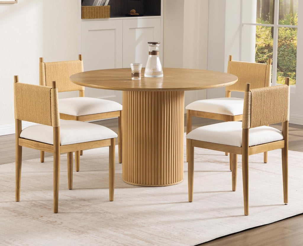 CIMOTA Modern Dining Chairs Set of 6, Mid Century Upholstered Dining Room Chairs with Woven Back, Armless Kitchen Chairs with Natural Solid Wood Legs, Linen Beige