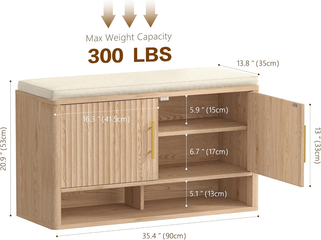 Fluted Shoe Storage Bench, Entryway Bench with Adjustable Shelves | Hidden Shoe Cabinet Storage with Cushion and Open Bottom Shelf, for Entryway, Hallway, Living Room, Bedroom, Natural Oak