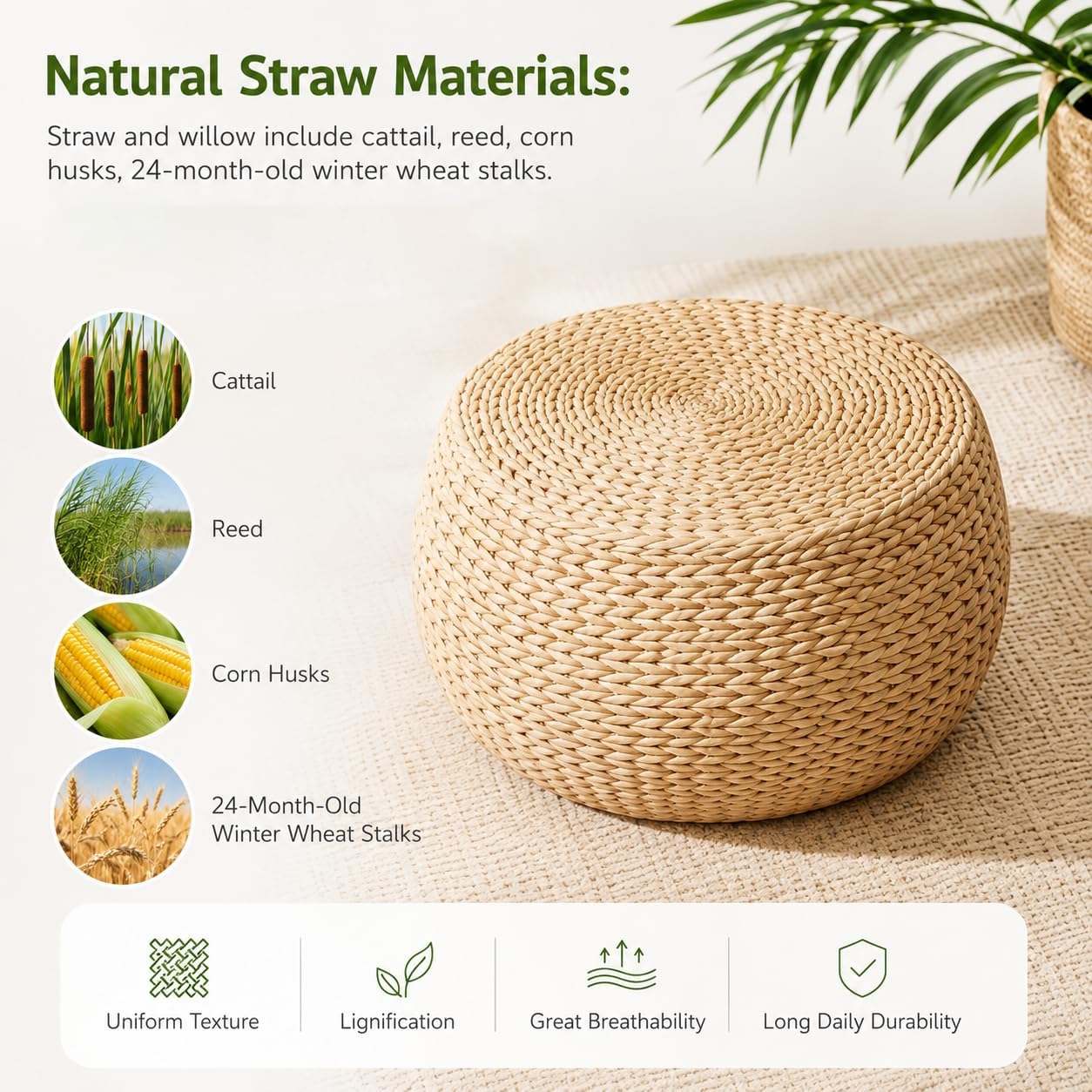 Small Straw Pouf Ottoman, Low Natural Footrest, Dia: 12.2" | Natural, Eco-friendly, Lightweight, Anti-Slip, Breathable, Boho Tatami Footstool for Living Room Bedroom Patio