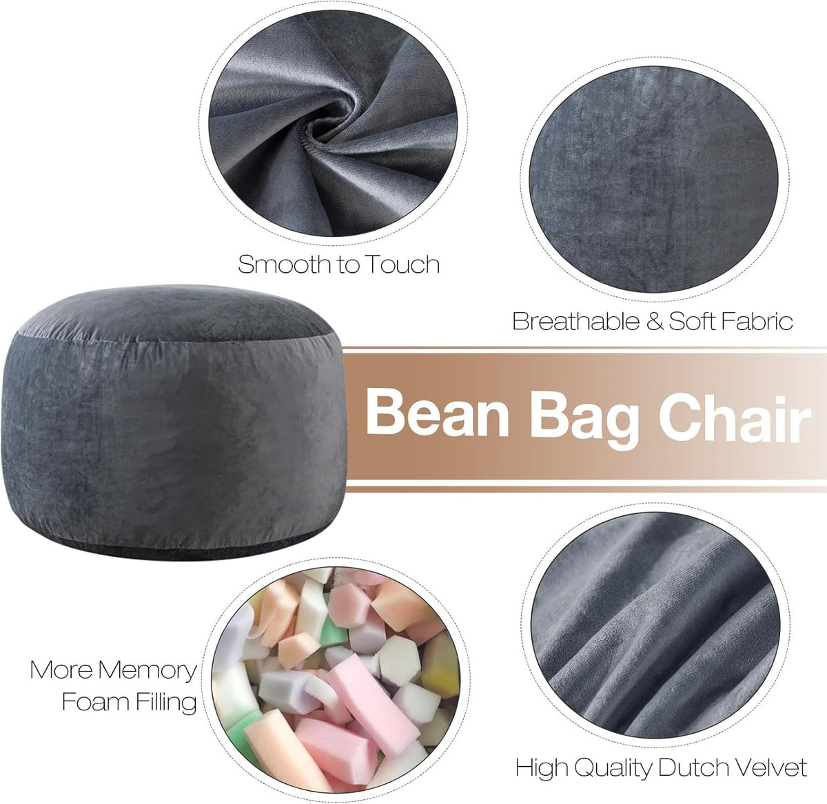 3 Ft Bean Bag Chair,Bean Bag Chairs for Living Room,3 Foot,Dark Grey | Bean Bag Chairs for Adults,Memory Foam Filling,Beanbag with Filler Included,Soft Velvet Cover,Pocket & Pull-Handle