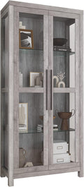 BELLEZE Glass Display Cabinet, Tall Curio Cabinet with Tempered Glass Doors for Living Room, Trophy Display Case - Avalon (Gray Wash)