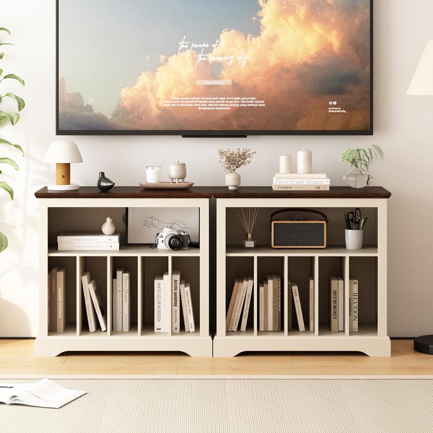 RowyPoey Large Farmhouse Record Player Stand, Turntable Stand,Antique White | with Vinyl Record Storage, Wood Record Holder Storage Cabinet, Stereo Media Dispaly Shelf for Living Room, Bedroom, Office