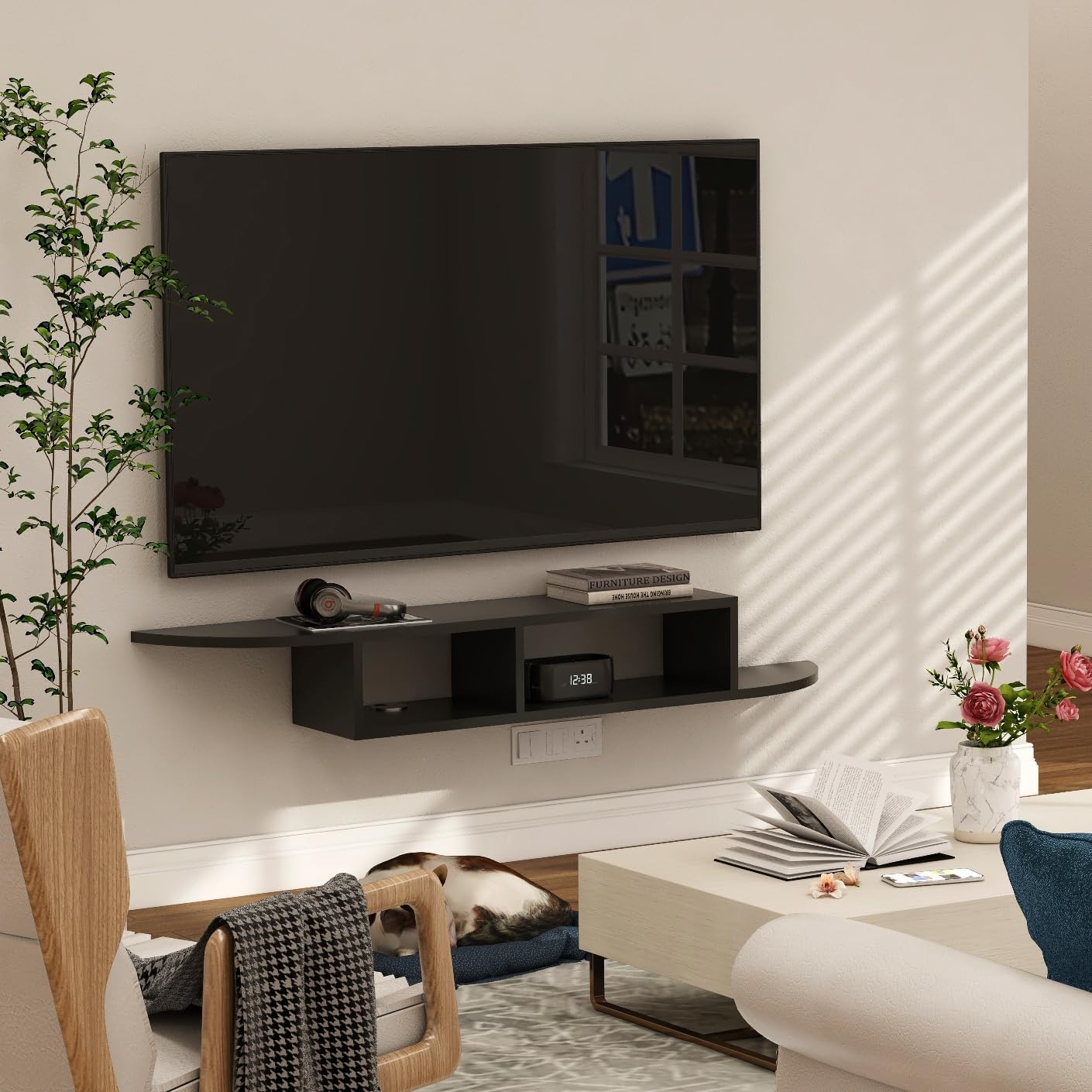 GHC Floating TV Stand, Wall Mounted Entertainment Center and Cabinet Shelf, TV Console with Storage, Media Console for DVD Player, Space-Saving Under TV Shelf for Bedroom, Living Room (Black)
