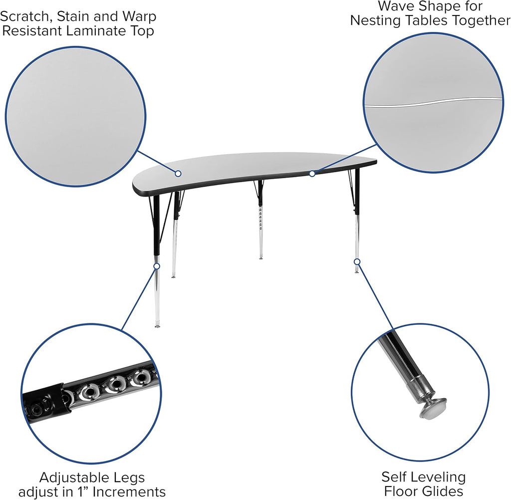 Flash Furniture Emmy 2 Piece 86" Oval Wave Flexible Grey Thermal Laminate Activity Table Set - Standard Height Adjustable Legs | Height Adjustable, Flexible, Durable Construction, Commercial Use